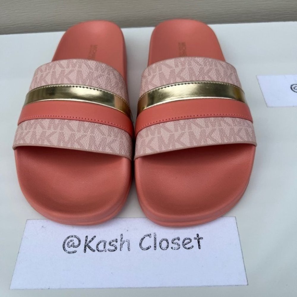 Michael Kors Brandy Metallic Striped Logo Slide Sandal- Sherbert - Picture 6 of 6